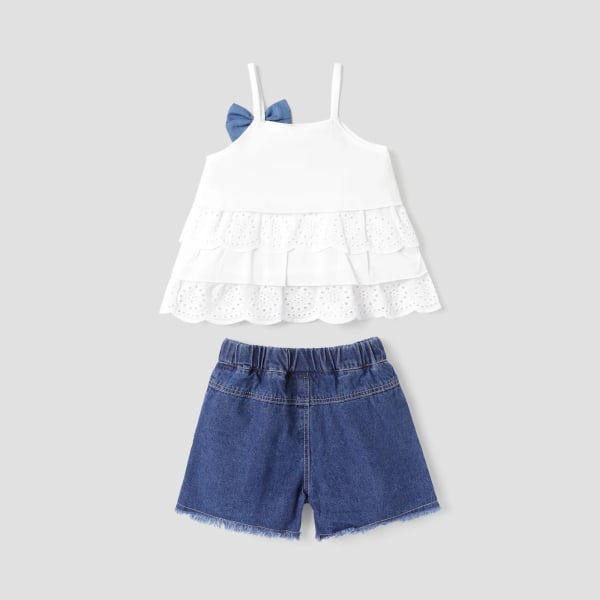 2st Toddler Girl Bowknot Design Schiffy Design Camisole och Ripped Denim Shorts Set White 3-4 Years