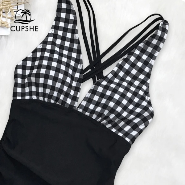 Svart och vit Gingham Ruched baddräkt i ett stycke Kvinnor Sexig Back Cross Monokini 2023 New Girl Beach Baddräkter black M