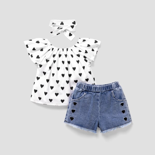 3 st Toddler Girl Heart Print Kortärmad blus och jeansshorts & set White 18-24Months