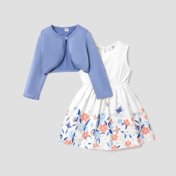 2st Kid Girl Solid Cardigan och print Tank Dress Set Blue 11-12Years