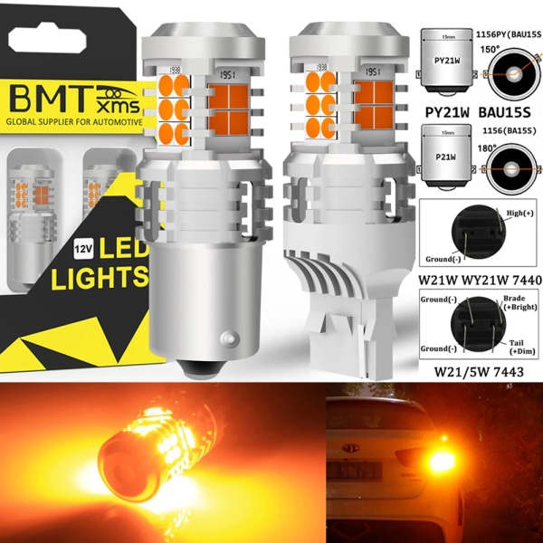 BMTxms 2x 1156PY BAU15S PY21W 1156 BA15S P21W LED Blinkers Canbus No Hyper Flash 7440 W21W 7443 W21/5W Amber lampa 1156PY BAU15S PY21W