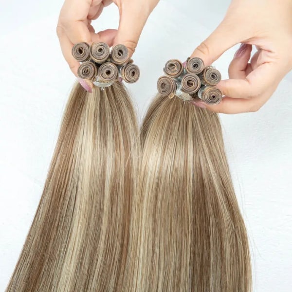 Handbundet hårinslag 6 st/lot Sy sömlösa osynliga hårförlängningar 100% äkta människohårinslag rakt kvinnor hårförlängning P18-613 14inches