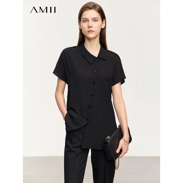 Minimalism Asymmetrisk Turndown-krage Lös chiffong Damskjortor & blusar Chic 2023 Summer Solid Dam Toppar 12342565 black XL