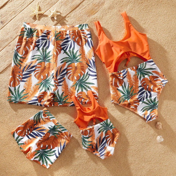 Nytt sommarfamiljsutseende print Splits solida matchande baddräkter i ett stycke Orange Women M