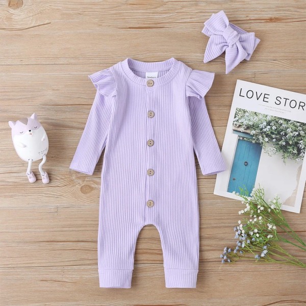 2021 Ny vår och höst Baby Solid Jumpsuit med Pannband Set för Baby Girl Bebiskläder Purple 0-3 Months