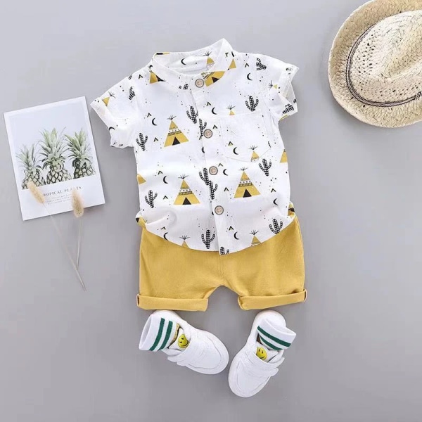 2st Baby Boy 95 % bomull Kortärmad All Over Cactus Print Button Up Shirt och solida shorts Set Blue 0-3Months