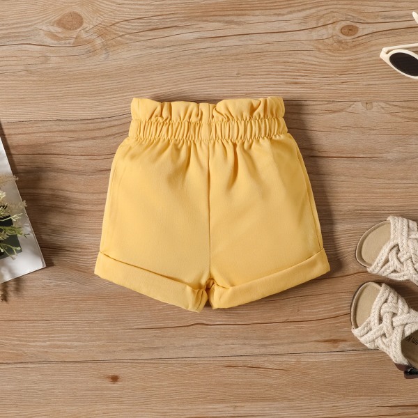 2st Baby Girl Allover Print Volanger fyrkantig krage Puff-ärm topp och solida shorts Set Yellow 6-9 Months