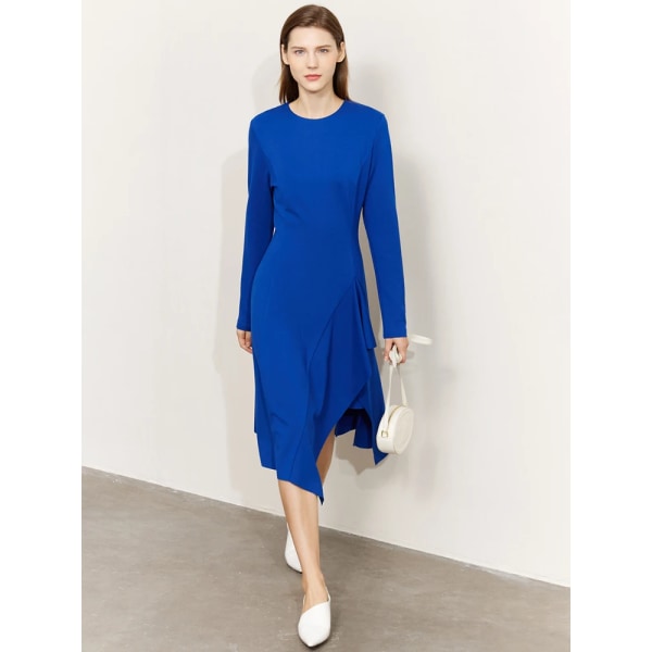 Minimalistisk klänning kvinnor 2023 våren Elegant asymmetrisk fransk stil 0-ringad A-linje Solid Slim Mid-Calf Vestidos 72341036 Klein Blue XS