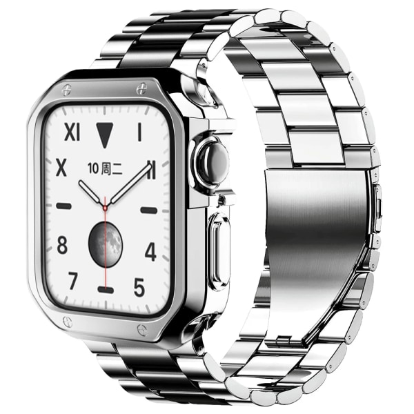 Metallrem + Mjuk TPU Case För Apple Watch 7 45mm 41mm 6 5 SE 44mm 40mm Rostfritt stål Watch Armband För iwatch 3 42mm 38mm Silver black For 41mm