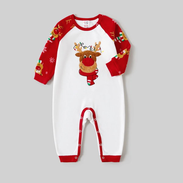 Julfamiljsmatchande färgblock med renbroderi Långärmad pyjamasset (flammsäker) Red Kids6-7Years