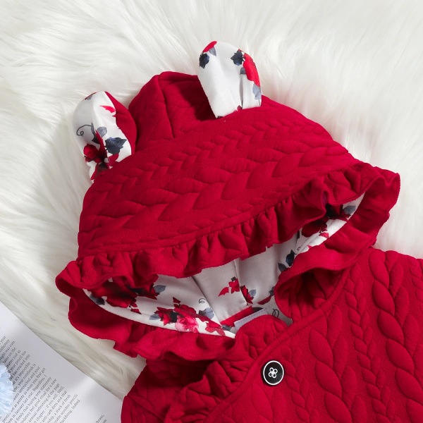 Baby Girl Button Front Frill Trim 3D Öron Hooded Långärmad Jumpsuit Burgundy 0-3Months