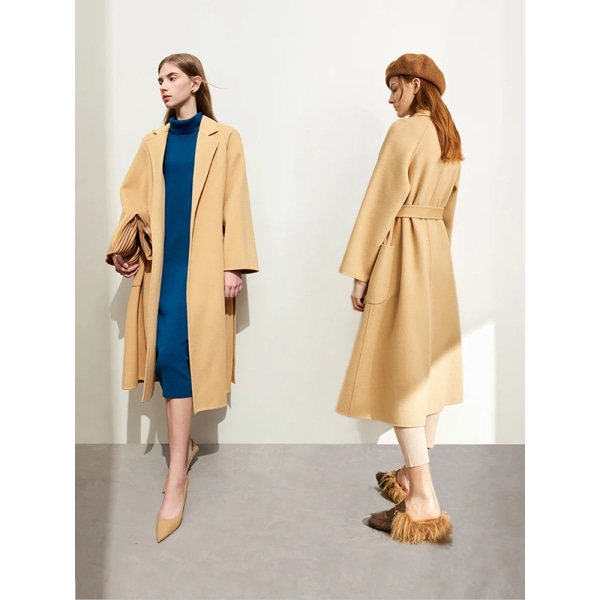 Minimalistisk ny fransk ullkappa för kvinnor 2023 vinterkavajkrage med bälte Vintage kvalitet mode långa blandningar 12324006 camel S