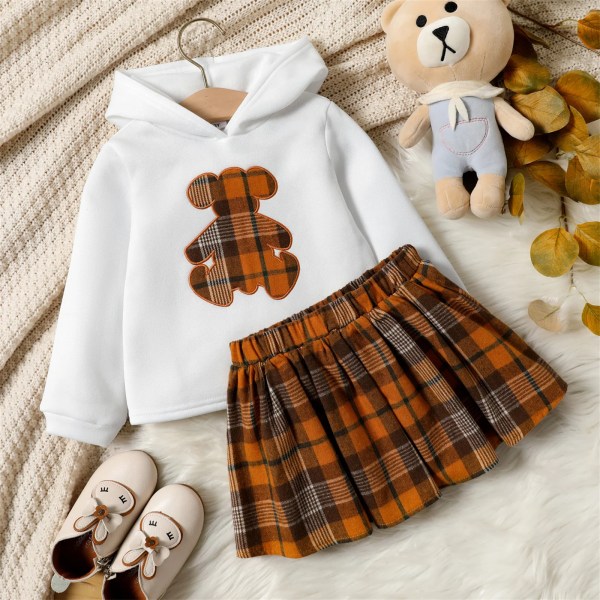 2-delad Toddler Girl Bear Broderad Hoodie Sweatshirt och Rutig kjol Set White 3 Years