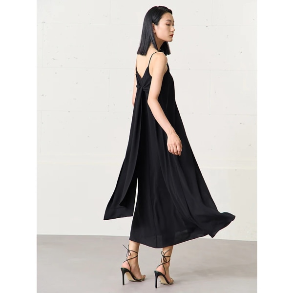 Minimalism Camisole Chiffong Klänning 2023 Sommar Ny Solid snörning Eleganta klänningar för kvinnor Casual V-hals Vestidos 12342330 black M