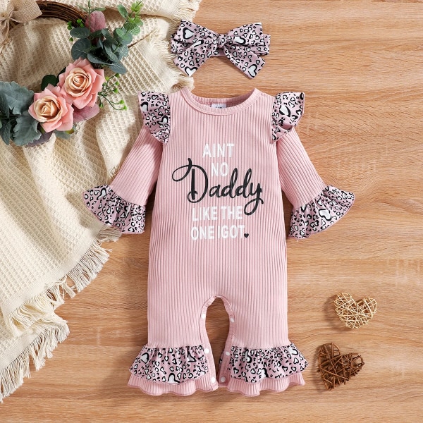 2st Baby Girl Print Rosa Ribbad Långärmad Splicing Leopard Ruffle Jumpsuit med Pannband Set Pink 9-12 Months