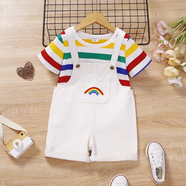 2st Toddler Lekfull regnbåge grafisk jeansbyxor och kortärmade t- set Multi-color 5-6Years