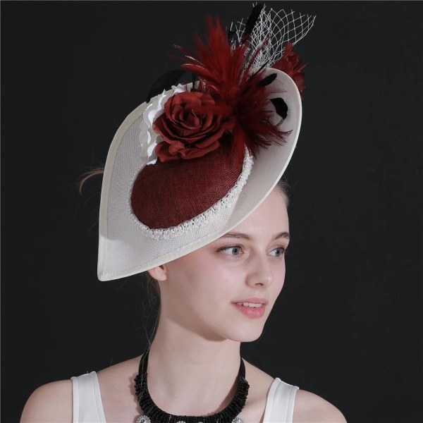 Tårformad Sinamay Fascinator Bröllop Millinery Hatt Fest Karneval Fedora Hattar Kentucky Derby Headpiece Church Top Hat Wine Red