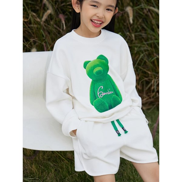 Tjejer Kostym Sweatshrit 2023 Vår Nya ärmar Huvtröjor Printed Sportbyxor Tvådelat Set 4-6 år Modekläder för barn 22351001 Off white (tops) 120cm