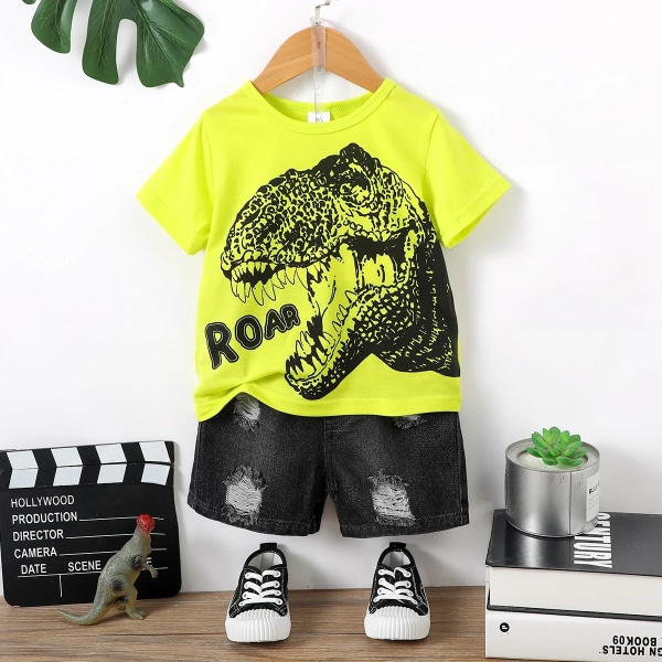 2st Toddler Dinosaur Print Kortärmad T-shirt och Ripped Denim Shorts Set PaleGreen 4-5Years