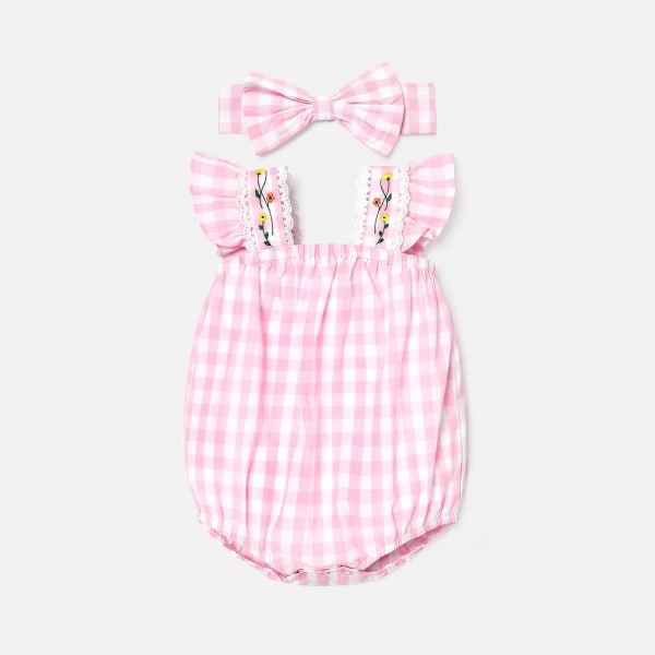 2st Baby Girl 100% bomull Rosa Gingham Lace Detail Fladderärm Romper & Pannband Set Pink 12-18 Months
