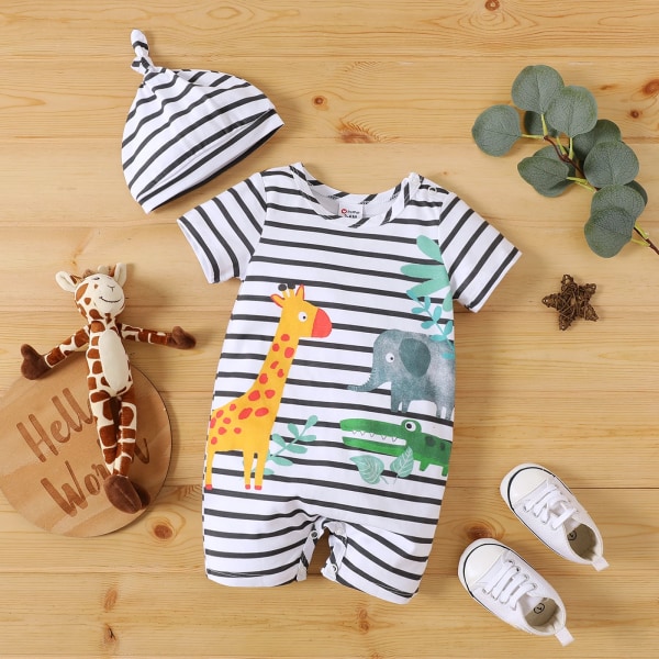 2st Baby Pojke/Flicka 100 % bomull Print Randig Kortärmad Romper & Hat Set Black and White 9-12 Months