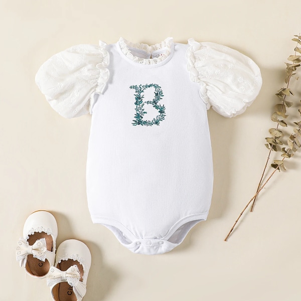 Baby Girl bomull brev broderad volang hals Puff-ärm Romper OffWhite 0-3Months