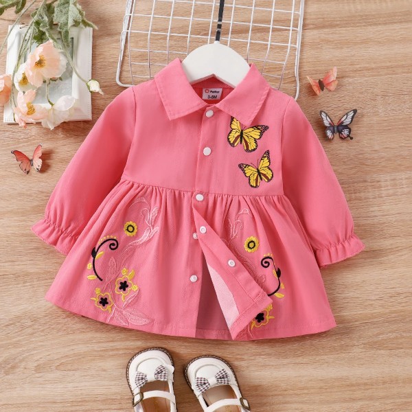 100% bomull Baby Girl Butterfly Grafisk Blommig Broderad Button Up Coat Pink 6-9Months
