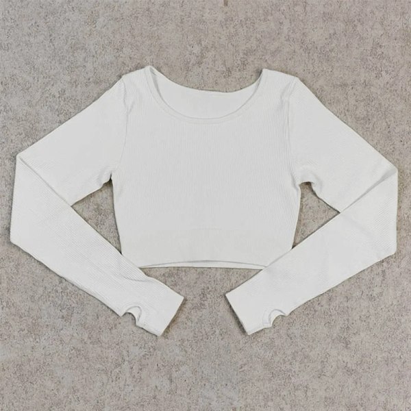 Ribbade sportskjortor Långärmad topp Sömlös yogaskjorta Fitness långärmade toppar för kvinnor Gymväst Träningsbehå Wear Dropship Solid White shirts S (45-55KG)