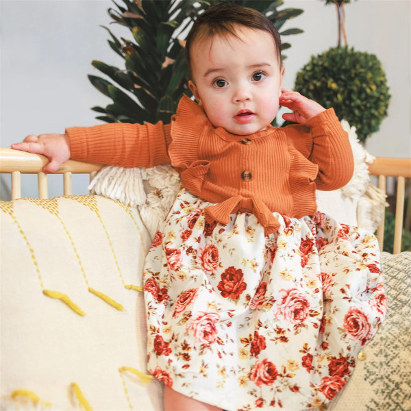 2st Baby Solid Ribbad Långärmad Ruffle Bowknot Splicing Blommönster Print Set Ginger 3 Years