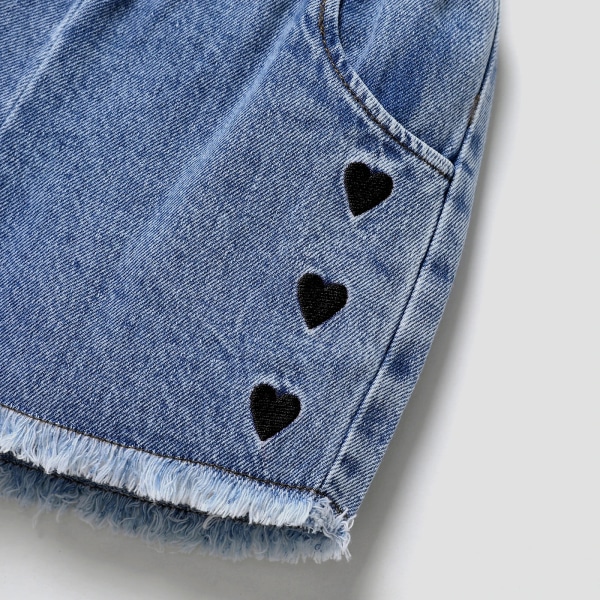 3 st Toddler Girl Heart Print Kortärmad blus och jeansshorts & set Pink 4-5Years