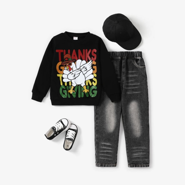 2st Kid Pojke Thanksgiving Casual Letter Top/ Denim Byxa Set Black 6-7Years