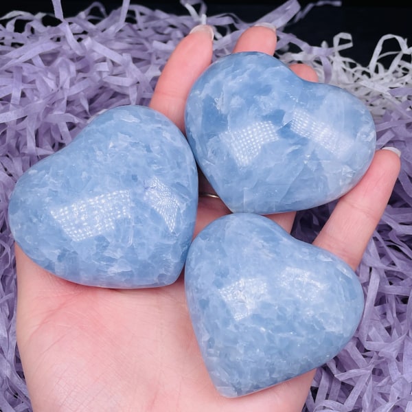 1 STK Hög kvalitet stora naturliga blå Celestite Crystal Heart Reiki Healing Palm Stones 250-300g