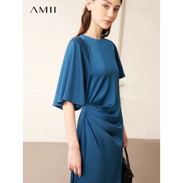 Minimalism 2023 Summer New Shirring Vestidos Batwing Sleeve Pullover A Line Black Chic Office Lady Dam Klänning 12332006 blue S