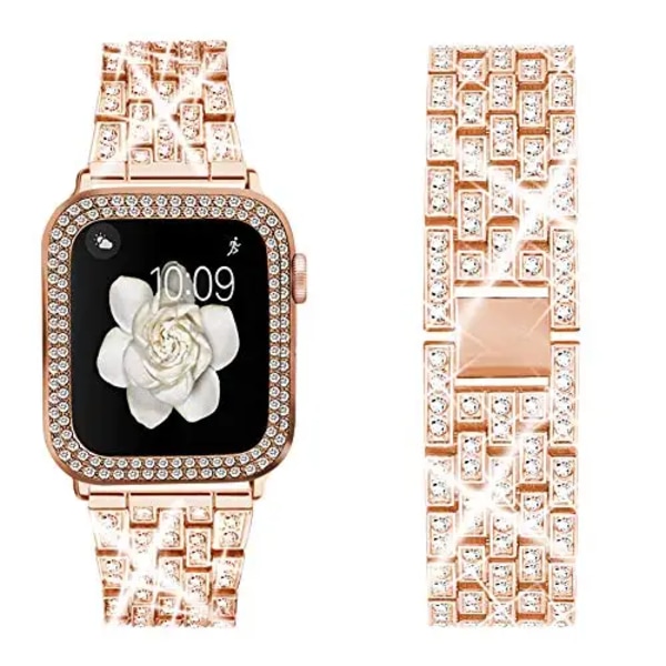 Diamant metallrem+ case För Apple watch 8 7 45mm 41mm 6 5 4 SE 44 mm 40mm lyxigt armband armband För iwatch 3 2 42mm 38mm Rose gold For iwatch 38mm