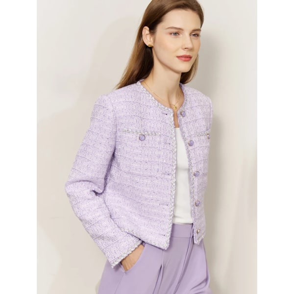 Minimalistiska jackor för kvinnor 2023 Mode Elegant O-ringad Enkelknäppt Vintage Petite Nisch Design Kläder Kappa 72321014 Lavender purple XL