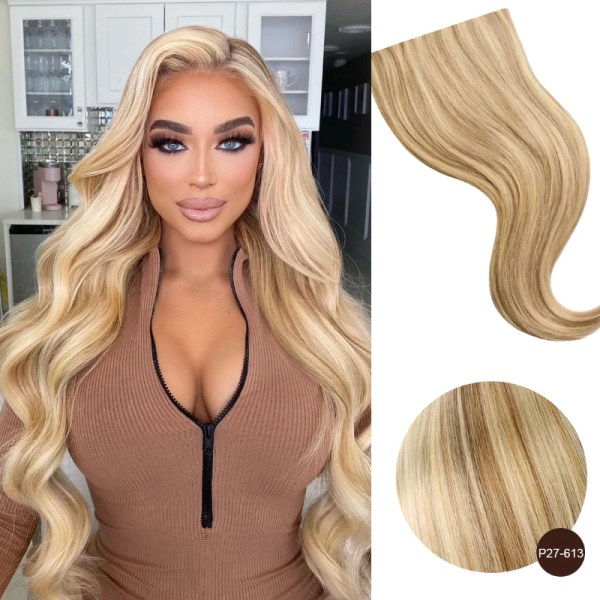 Fish Line One Piece 100% Människohår Förlängning Clip Hårförlängning Ombre Natural Remy Hair Rak hårstrå Blond För kvinnor P27-613 24 inch 100g