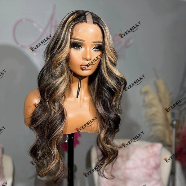 Limfri maskintillverkad U-del Människohår Highlight Blond Body Wave Kvinnor Peruk 180 Densitet Remy Brazilian V Part Peruk Lätt att bära 130density 18inches