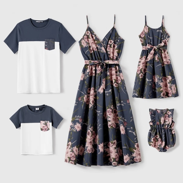 Familjematchande kläder Allover med blommigt print Cami-klänningar med bälte och kortärmade Colorblock-t-shirts-set BLUEWHITE Women M