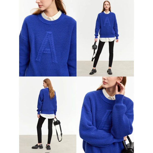 Minimalistisk 2023 Vinter Ny Damtröja Lös Hög Elastisk Drop-Soulder Ärm Bokstav Jacquard O-Neck Pullover 12344163 klein blue XL