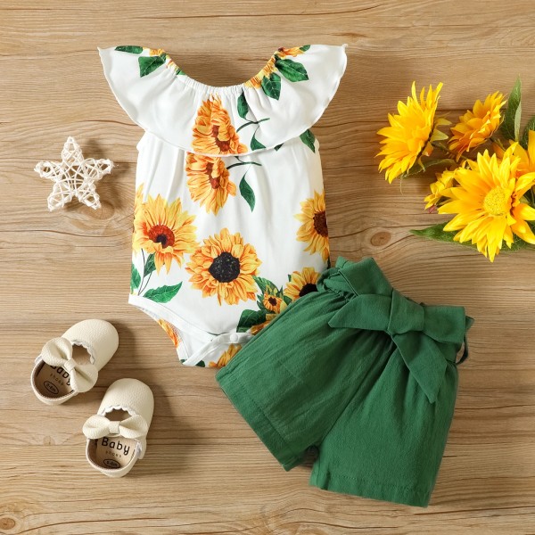 2st Baby Girl 100% bomull massiva shorts med bälte och print volangkrage Tank Romper Set Green 6-9Months