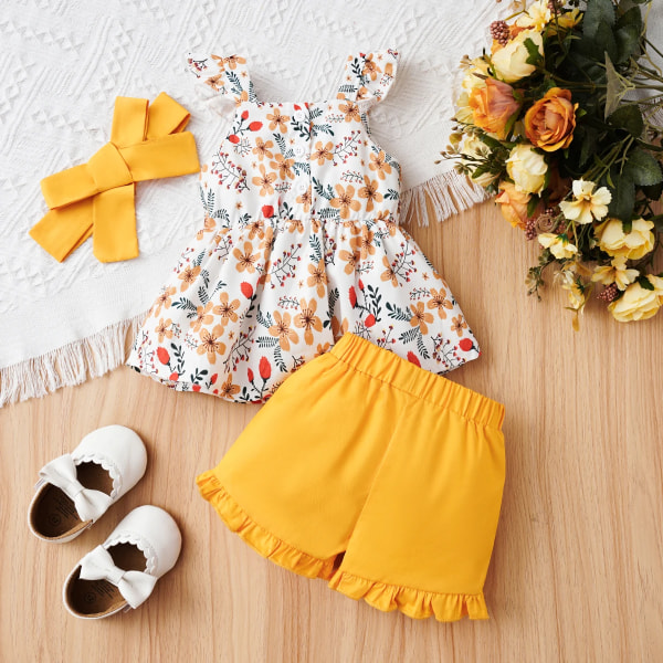 3st Baby Girl Blommönster Print Dekor Peplum linne & 100% bomull Shorts & Pannband Set Yellow 6-9Months