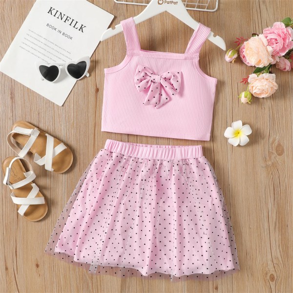 2st Kid Girl 3D Bowknot Design Camisole och prickiga Mesh Kjol Set Pink 5-6 Years