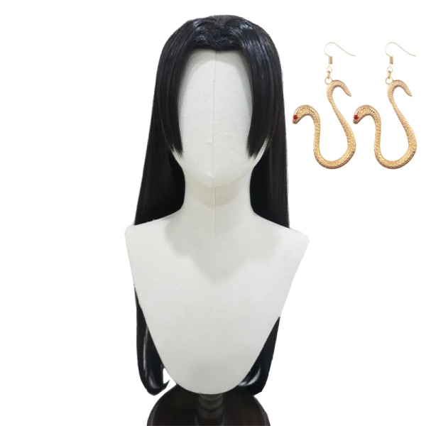 Högkvalitativ One Piece Boa Hancock Cosplay Peruk Svart Lång Rak Värmebeständigt syntetiskt hår Anime Peruk + Peruk Cap + Örhängen Wig Hook Earrings One Size