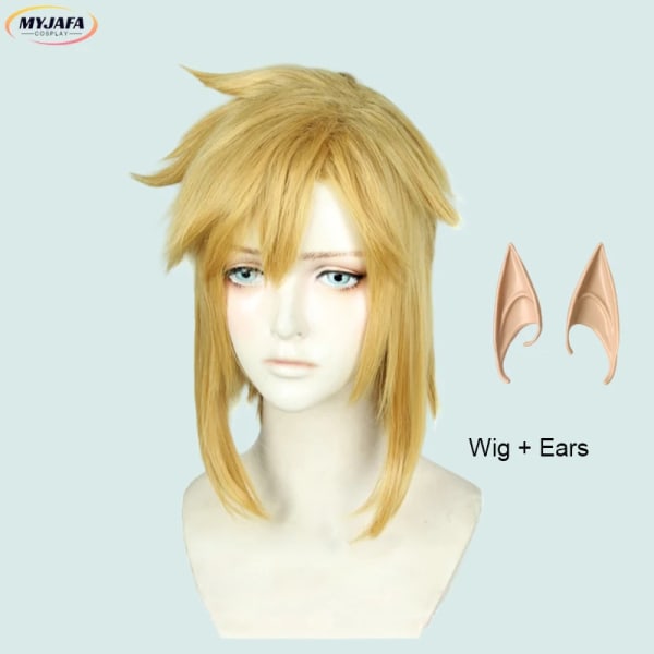 Zelda Breath of the Wild Link Cosplay Peruk Hög kvalitet Kort Golden Pigtail Värmebeständigt hår Anime Game Peruker + Peruk Cap Wig and Ears One Size