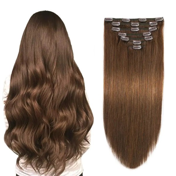 7 st Klämma i människohårförlängningar 100 % äkta människohår Klämma i hårförlängningar Klippbara hårbitar Rakt Remy Black Hair P18-613 18inch 100gram