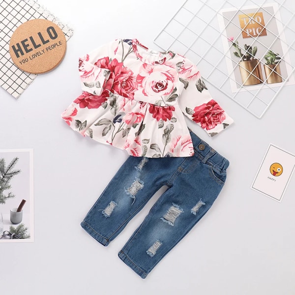 Nya våren 2-delad Sweet Floral Ruffle Långärmad topp och jeans Baby Toddler Girl Set Baby Girl kläder Multi-color 18-24 Months