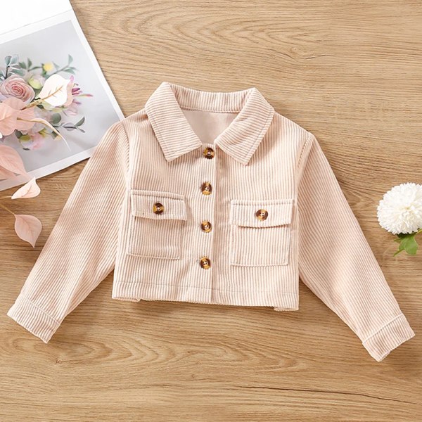 Toddler Girl Lapel Collar Button Design Pocket Pink Ribbed Jacket Coat Beige 3-4 Years