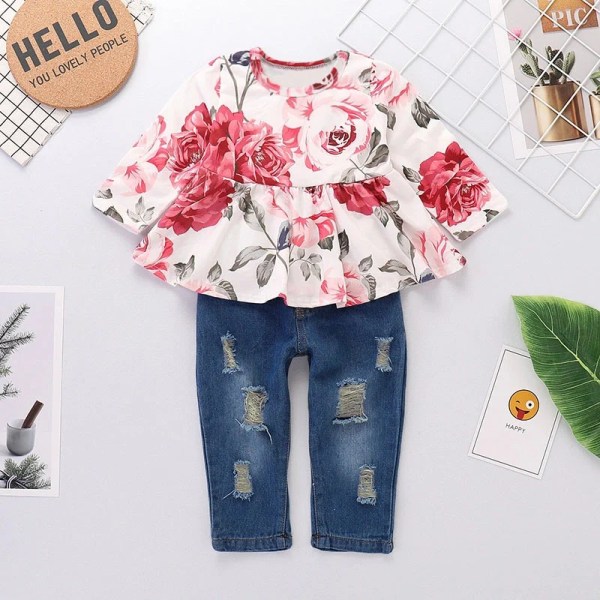 Nya våren 2-delad Sweet Floral Ruffle Långärmad topp och jeans Baby Toddler Girl Set Baby Girl kläder Multi-color 12-18 Months