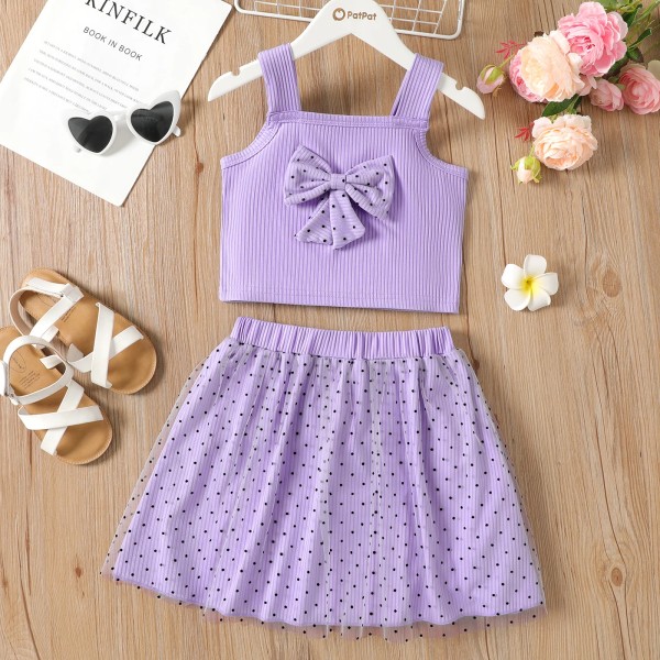 2st Kid Girl 3D Bowknot Design Camisole och prickiga Mesh Kjol Set Purple 10-11 Years