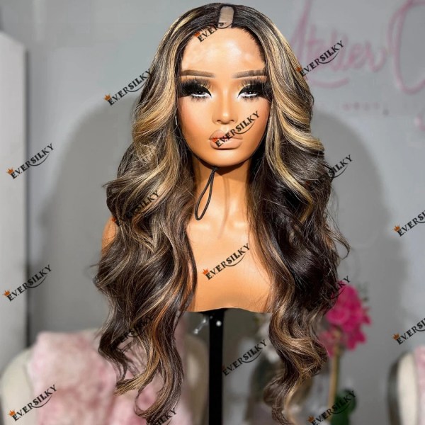 Limfri maskintillverkad U-del Människohår Highlight Blond Body Wave Kvinnor Peruk 180 Densitet Remy Brazilian V Part Peruk Lätt att bära 180% 10inches